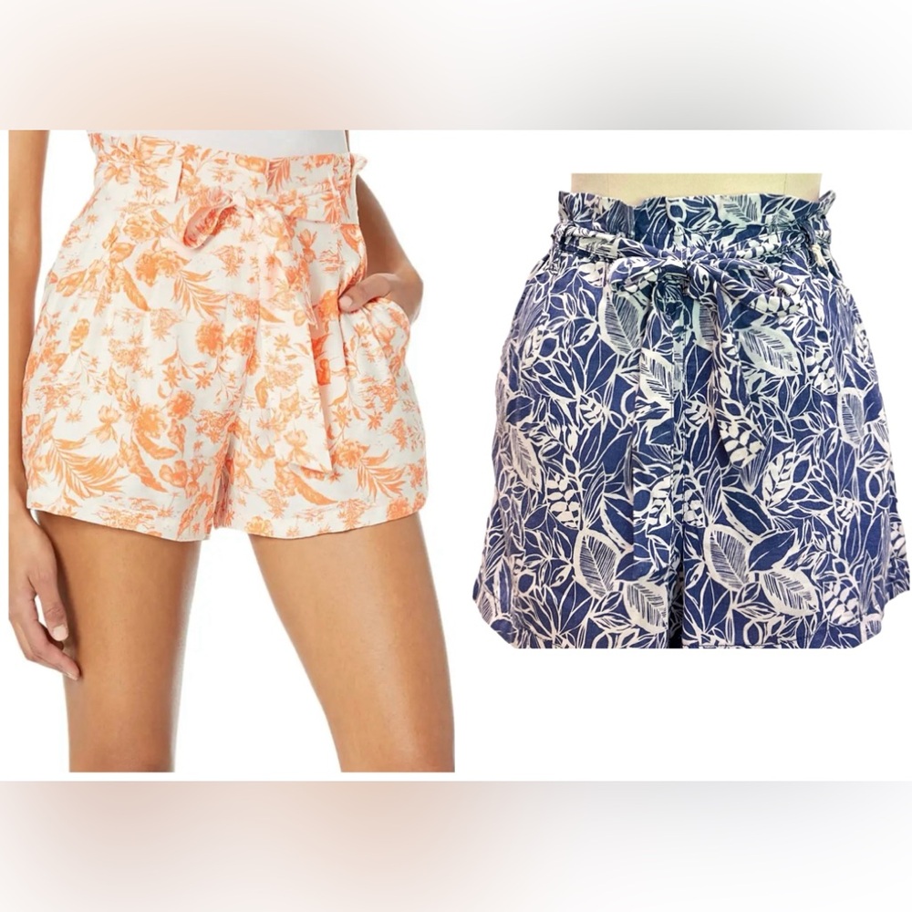 ANA Blue Etch Floral Linen/Rayon Swing Paperbag Shorts High Waist Side Pockets